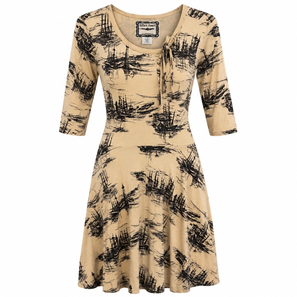 Effie's Heart Retro Fit Flare Dress Womens Medium Nautical Ship Print Lighthouse
